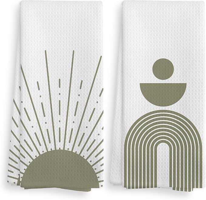 Boho Abstract Sage Green Sun Sunrise Sunshine Rainbow Geometric Shapes Kitchen Towels and Dishcloths Sets of 2,Boho Absorbent Drying Cloth Hand Towels Tea Towels for Bathroom Kitchen,16×24 inches