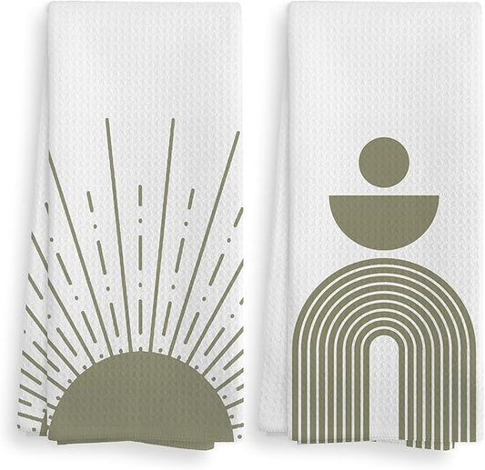 Boho Abstract Sage Green Sun Sunrise Sunshine Rainbow Geometric Shapes Kitchen Towels and Dishcloths Sets of 2,Boho Absorbent Drying Cloth Hand Towels Tea Towels for Bathroom Kitchen,16×24 inches