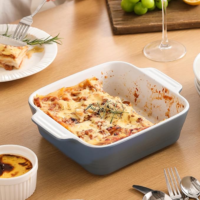 DOWAN 8x8 Baking dish, Square Baking Pan, Ceramic Casserole Dishes for Oven, Cake Pan with Handle, for Brownie, Lasagna, Casserole, 2 Quart, Home Gift, Airy Blue