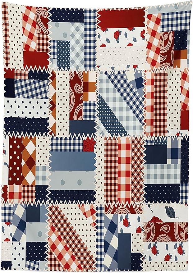 Ambesonne Country Tablecloth, Country Featured Mix Scottish Alternating Houndstooth and Retro Polka Dot Patterns, Rectangular Table Cover for Dining Room Kitchen Decor, 60" X 84", Blue Red