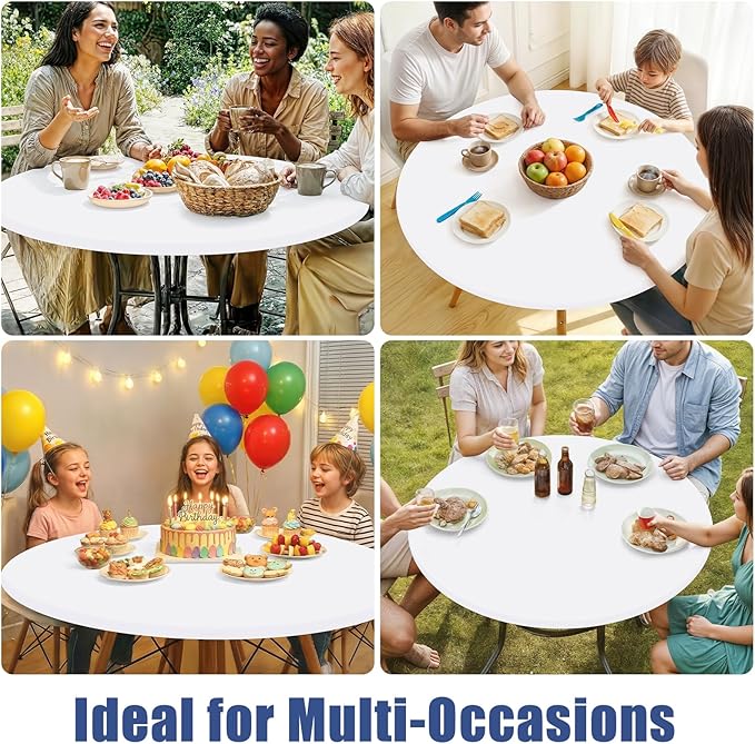 Round Spandex Tablecloth, Elastic Fitted Waterproof Tablecloths for 57"-68" Tables, Stretch Washable Picnic Table Cover for Camping, Dining, Indoor and Outdoor, White