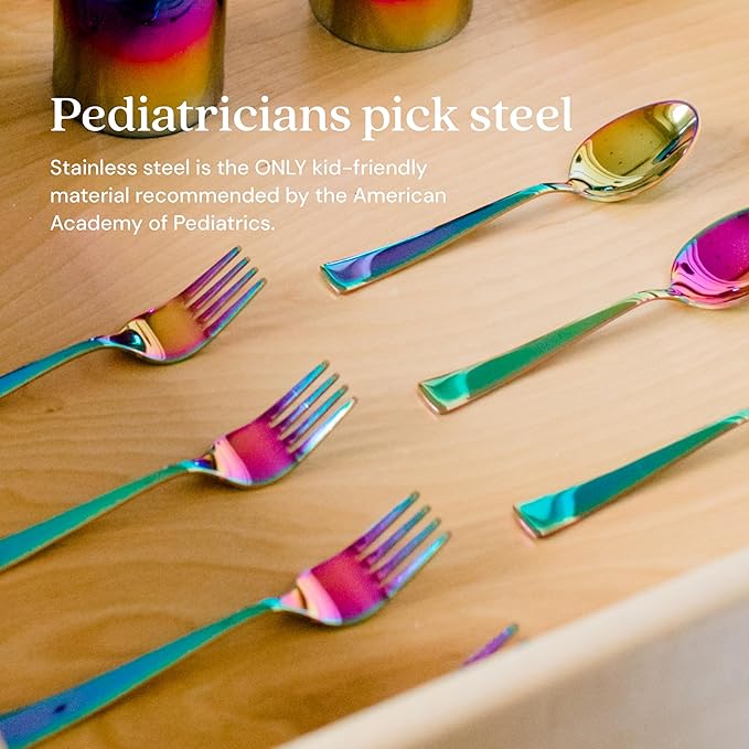 Ahimsa Stainless Steel Kids Utensils - 8 Pieces Kids Fork and Spoon Set, Pediatrician Designed Rainbow Silverware Set, 100% BPA Free & Dishwasher Safe (Rainbow)