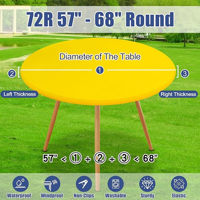 Round Spandex Tablecloth, Elastic Fitted Waterproof Tablecloths for 57"-68" Tables, Stretch Washable Picnic Table Cover for Camping, Dining, Indoor and Outdoor, Yellow