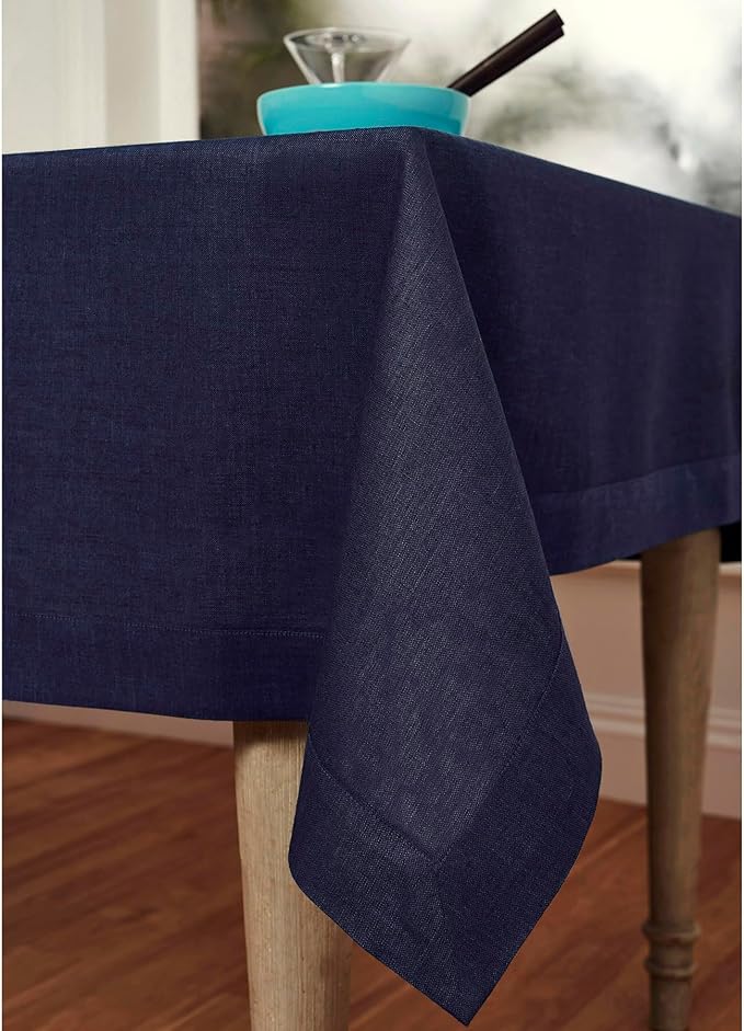 Solino Home Linen Tablecloth 60 x 108 Inch - 100% Pure Linen Chambray Navy Table Cloth for Rectangular Tables - Athena, Machine Washable Cloth Tablecloth for Christmas, Winter, New Year