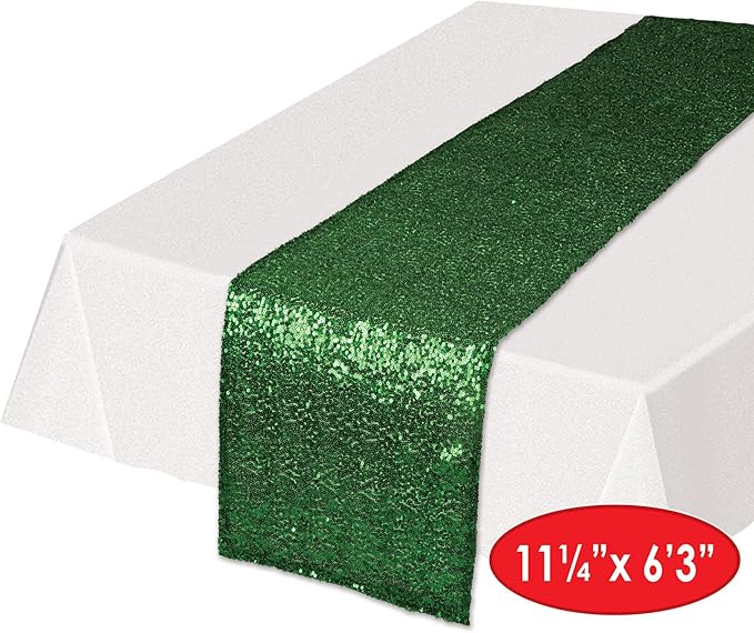 Beistle Rectangluar Shiny Sequined Table Runner For Party Event Birthday Wedding Baby Shower Christmas Holiday Celebration Decorations, 11.25" x 75", Green