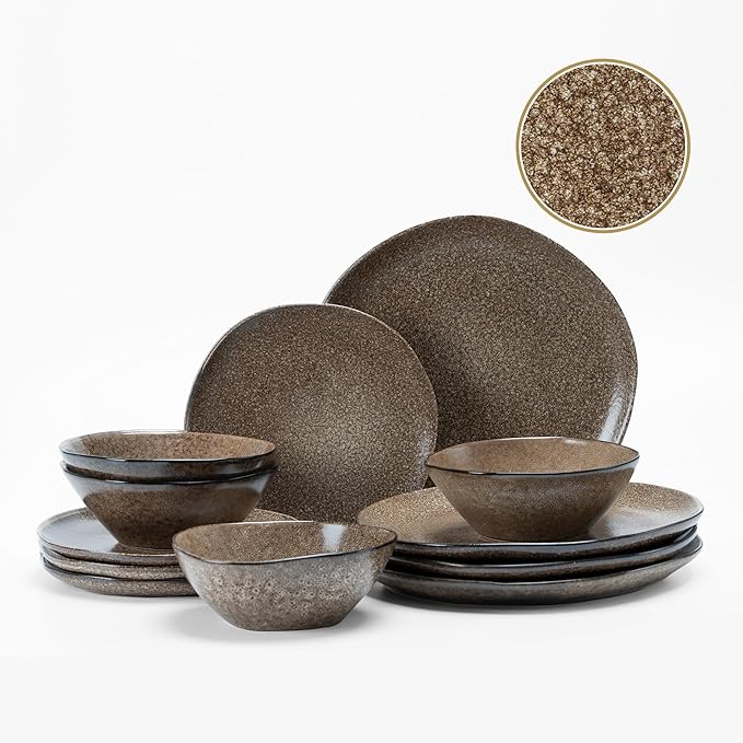12PCS Stoneware Dinnerware Sets, Plates and Bowls Dish Set for 4, Irregular Vintage Handmade Dinner Ware Dishware for Kitchen Dinning, Microwave & Dishwasher Safe, Brown