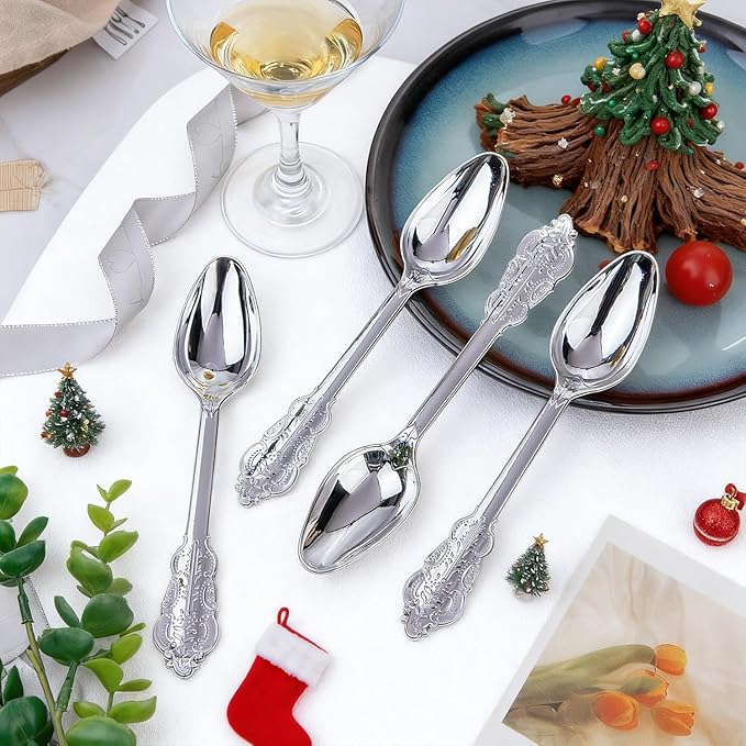 WDF 100 Piece Silver Plastic Spoons Disposable - 6.93 Inch Baroque Silver Silverware for Dessert Cake - Heavy Duty Plastic Spoons for Christmas Party, Wedding or Daily Using