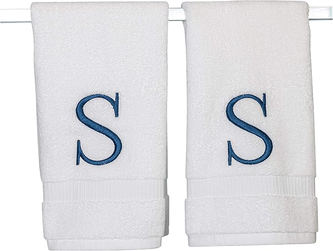 Monogrammed Hand Towels for Bathroom - Luxury Hotel Quality Personalized Initial Decorative Embroidered Bath Towel for Powder Room, Spa - GOTS Organic Certified - Set of 2 Navy Letter S