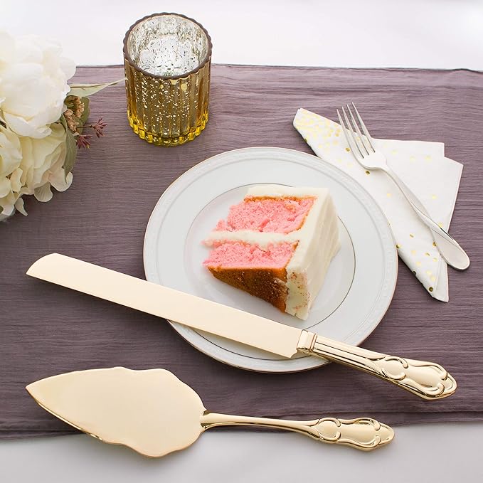 Gold Wedding Cake Knife & Server Set for Engraving, Personalize Cake Cutting Set, Anniversary Vintage Party Supplies (Elegant Light Gold Engravable)