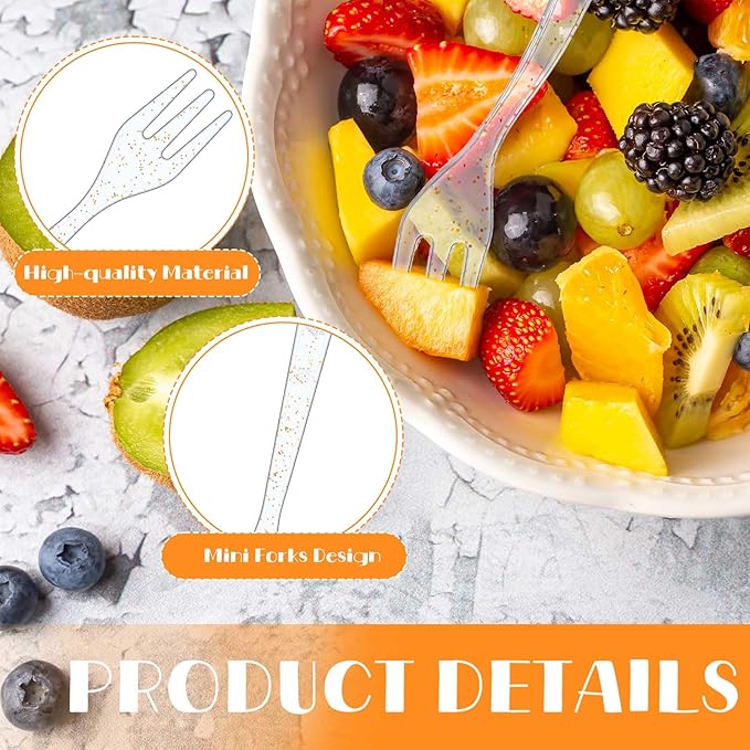 Skylety 500 Pcs Plastic Mini Forks 3.7 x 0.6 Inch Tiny Small Disposable Appetizer Cocktail Tasting Forks Utensils for Fruit Dessert Cakes Serving Supply(Transparent Gold)