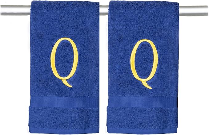 Navy Powder Room Hand Towel - Monogram Initial Hotel Quality Decorative Embroidered Luxury Towel for Spa - GOTS Organic Certified - Set of 2 Gold Letter Q