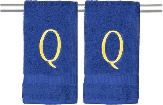 Navy Powder Room Hand Towel - Monogram Initial Hotel Quality Decorative Embroidered Luxury Towel for Spa - GOTS Organic Certified - Set of 2 Gold Letter Q