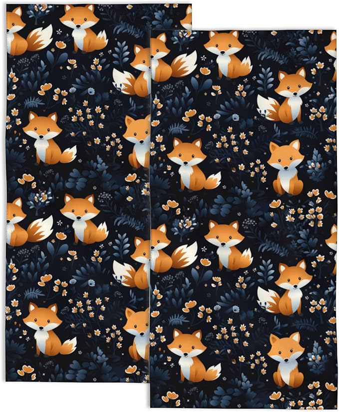 Hand Towels for Bathroom,Cute Foxes Floral Hand Towel Set of 2 Face Washcloths Fingertip Kitchen Towels Soft Bath Dish Cloth for Gym Hotel Spa Sport 14"X28"