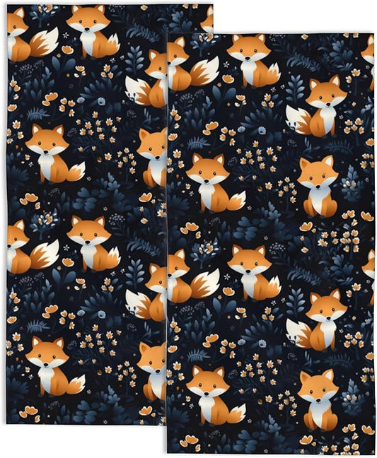 Hand Towels for Bathroom,Cute Foxes Floral Hand Towel Set of 2 Face Washcloths Fingertip Kitchen Towels Soft Bath Dish Cloth for Gym Hotel Spa Sport 14"X28"