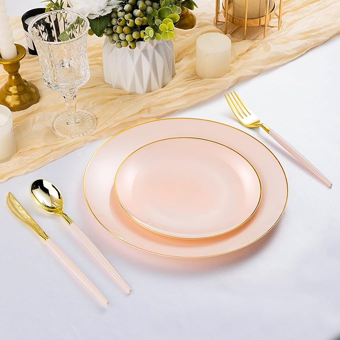 150 PCS Pink Gold Plastic Utensils for 50 Guests, Gold Disposable Silverware with 50 Knives, 50 Spoons and 50 Forks, BPA Free, Ideal for Weddings, Birthdays & Graduation