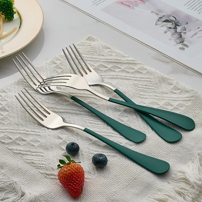 Green Dinner Fork, 18/0 Green handle Stainless Steel Satin Finish 8.1-inch Silverware Flatware Fork Set, Set of 24, Dishwasher SafG