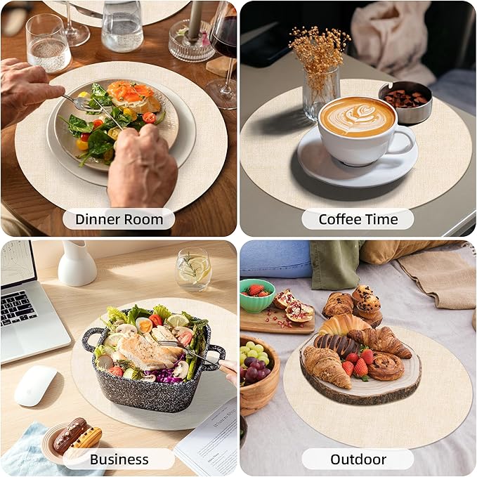 15 inch Faux Leather Round Placemats Set of 6 Non-Slip Washable Wipeable Table Mats, Heat Resistant Waterproof Oilproof Beige Place Mats for Kitchen, Dining, Party, Indoor, Outdoor