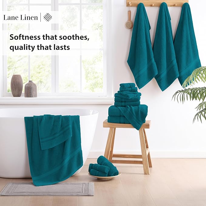 LANE LINEN 18Pc 100% Cotton Bath Towels – 6 Bath, 6 Hand Towel & 6 Washcloths, Zero Twist, Absorbent Softness for Daily Use, Perfect for Airbnb, Spa & Hotel, Machine Washable – Sea Port