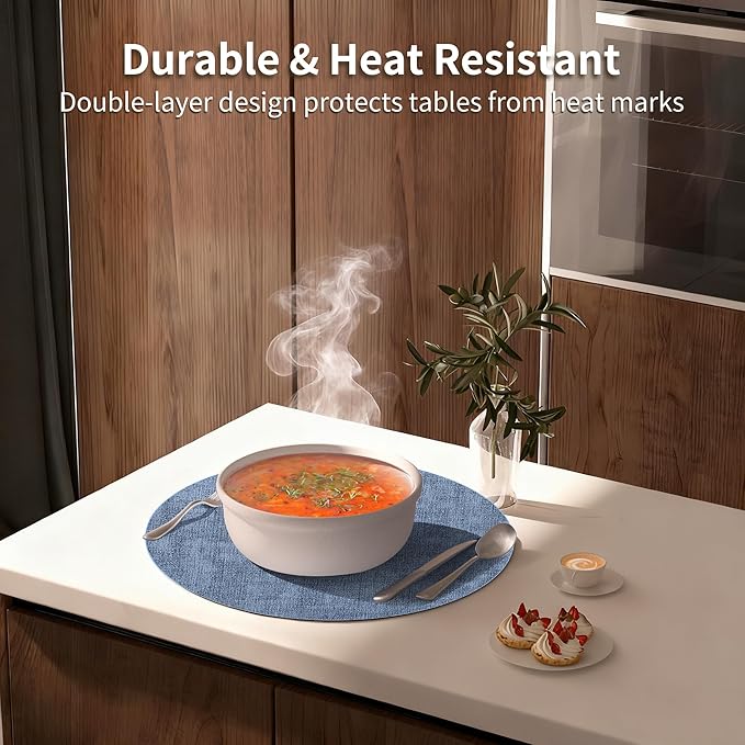 Maxpearl Round Placemats Set of 6, 13.8 inch Faux Leather Heat Resistant Table Mats, Non Slip Waterproof Wipeable Place Mats for Kitchen Dining Holiday Party Table Settings, Blue