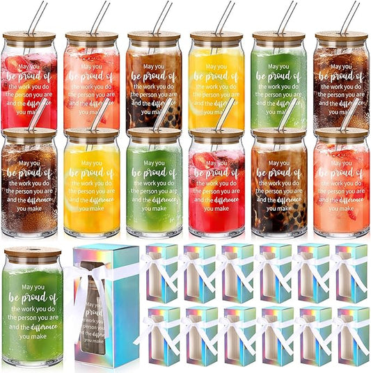 Layhit 12 Set Employee Appreciation Gifts Bulk Thank You Glass Cups for Staff Coworker 16 oz Can Shaped Beer Glass with Lids Straws Brushes Ribbon and Gift Boxes for Women Nurse Teachers Day(Proud)