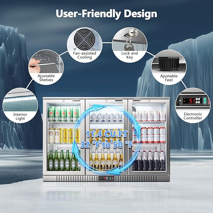 BODEGA BODEGACOOLER Back Bar Cooler With 3 Glass Doors,11.4 Cu.Ft Stainless Steel Commercial Back Bar Fridge with LED Lighting, Counter Height Bar Beverage Cooler for Beer,Soda Drinks,Wine