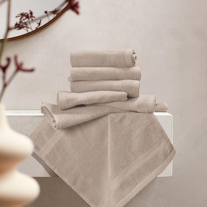 GLAMBURG Ultra Soft 12-Piece Washcloths Set 13x13-100% Ringspun Cotton - Durable & Highly Absorbent Face Towels - Ideal for use in Bathroom, Kitchen, Gym, Spa & General Cleaning - Tan