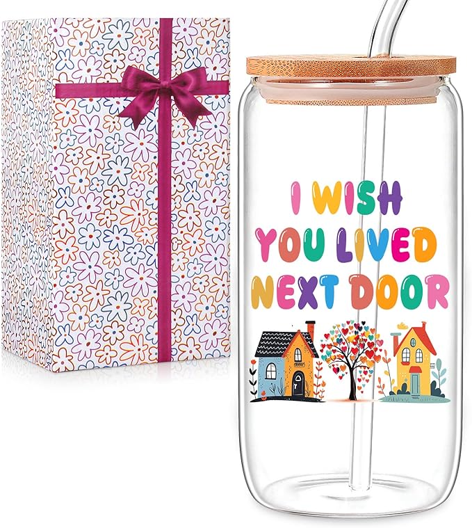 Funny Friendship Gifts for Women Bestie Gift for BFF, Friend, Coworkers, Work Besties - Birthday, Christmas, Office Home Use - I Wish You Lived Next Door- 16oz Glass Cup