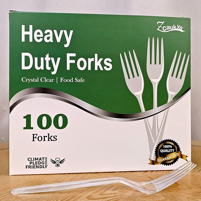 Zcaukya 100 Count Disposable Plastic Forks Set, Clear Plastic Forks Bulk, Heavy Duty Solid Utensils for Parties, Catering, and Everyday Use