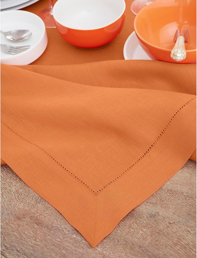 Solino Home Linen Tablecloth for Rectangle Tables 60 x 144 Inch - Classic Hemstitch 100% Pure Linen Pumpkin Table Cloth - Machine Washable Cloth Tablecloth for Holiday