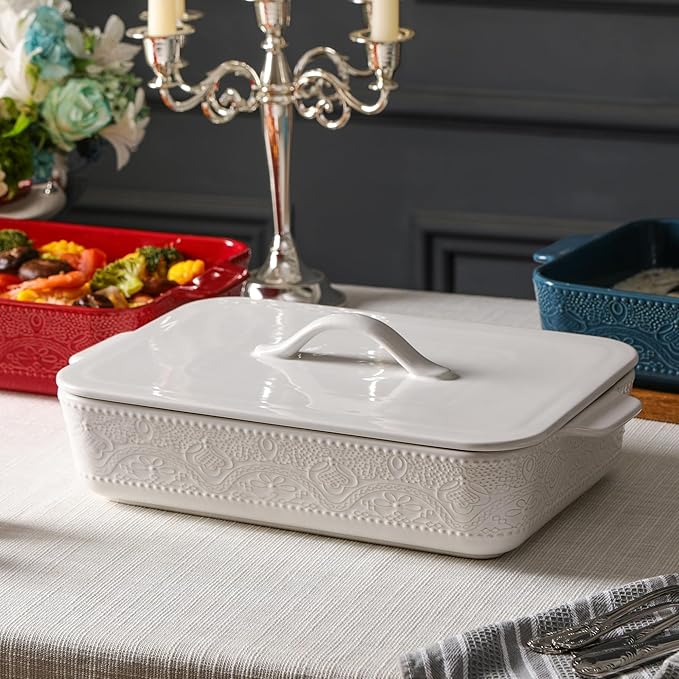 Casserole Dish with Lid, Ceramic 9x13 Casserole Dish for Oven, Rectangular Bakeware, Large Baking Dish with Handles for Holiday Cooking, Roasting, Baking, Oven & Microwave Safe (White)