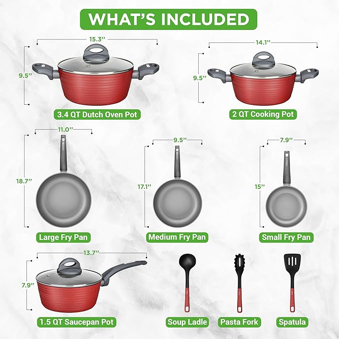 NutriChef 12-Piece Nonstick Kitchen Cookware Set-PTFE/PFOA/PFOS-Free Heat Resistant Lacquer Kitchen Ware Pots Pan Set Dark Gray/Red- Saucepot, Pans, Cooking Pot Oven Pot, Lid, Utensil - NCCW12RED