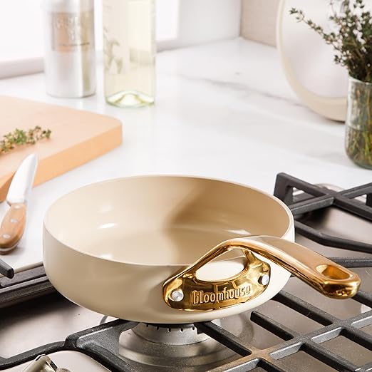 bloomhouse - Two Time Oprah's Favorite Things Winner - 8 Inch Heavy Duty Aluminum Premium PFA Free Ceramic Nonstick Saute/Deep Frying Pan Skillet - Almond Cream w/Gold Handle