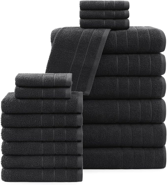 Casa Platino 100% Mercerized Cotton Luxury Bathroom Towels Set - 18 Piece - Ring Spun Technology - 6 Bath, 6 Washcloths, 6 Hand Towels - Remains Soft & Absorbent Even After Multiple Washes - Black