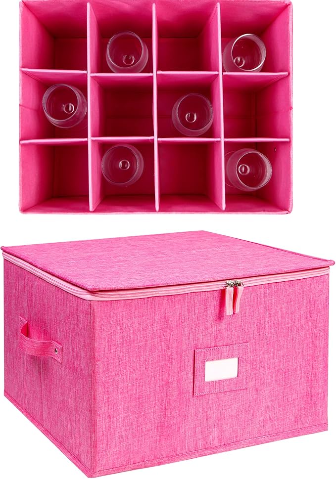 Stemware Storage Cases, Hard Shell Wine Glass Storage Box Containers with dividers for 12 Wine Glasses, Drinkware, Glassware or Crystal 17" x 13" x 10"H (Pink)