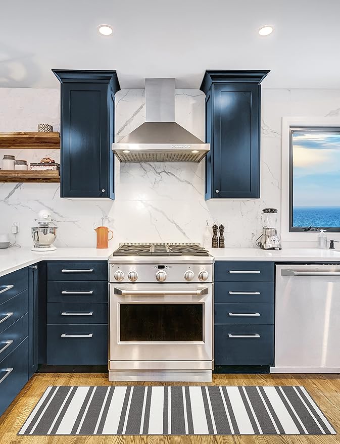 Nautica – Runner Rug | Indoor Runners for Hallways and Entry Rugs| Non-Slip and Non-Skid Entry and Kitchen Door Mat| Machine Washable Entryway Carpet Rugs | 26” x 72” | Stripe Dark Grey