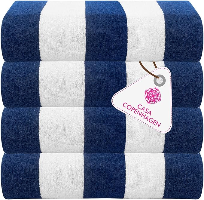 CASA COPENHAGEN Cabana Towel Designed in Denmark Rough and Tough, Quick Dry, Beach, Pool, Bath & Shower 30x60 inches 4 Pieces Cotton Beach Bath Towels Set - Royal Blue