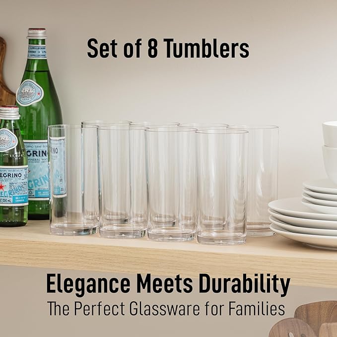 Zulay Kitchen Acrylic Glasses Drinkware - 8 Piece Unbreakable Plastic Tumblers - BPA-Free, Reusable Plastic Drinking Glasses for Home & Outdoors - Stackable, Lead-Free & Dishwasher Safe - (16 Ounces)