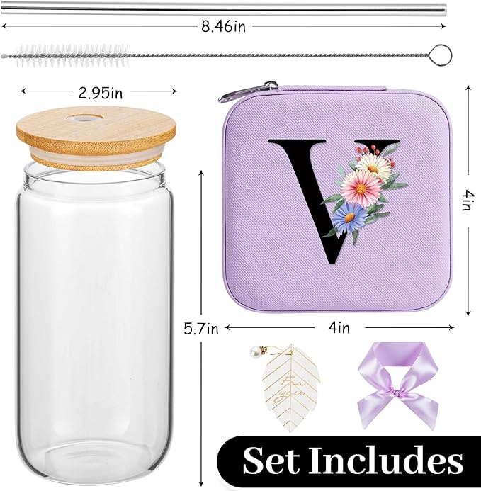 AYGXU Initial glass cup with bamboo lid and Straw,Small Jewelry Box for Girls,Small Jewelry Organizer Box,Cute Tumbler Cup,Travel Gifts for Women,Travel Essentials, Initial V purple