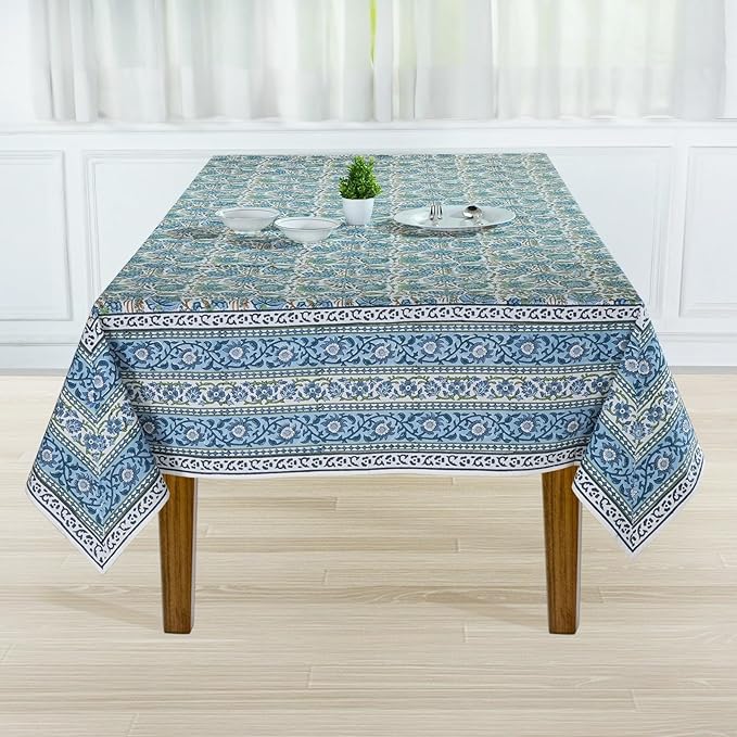 Ridhi Asparagus Green Hand Block Print Cotton Rectangle Tablecloth 140" x 72" inches Reusable Table Cover Decorative Everyday Use for Dining, Farmhouse, Home, Party, Festive, Wedding, Fall