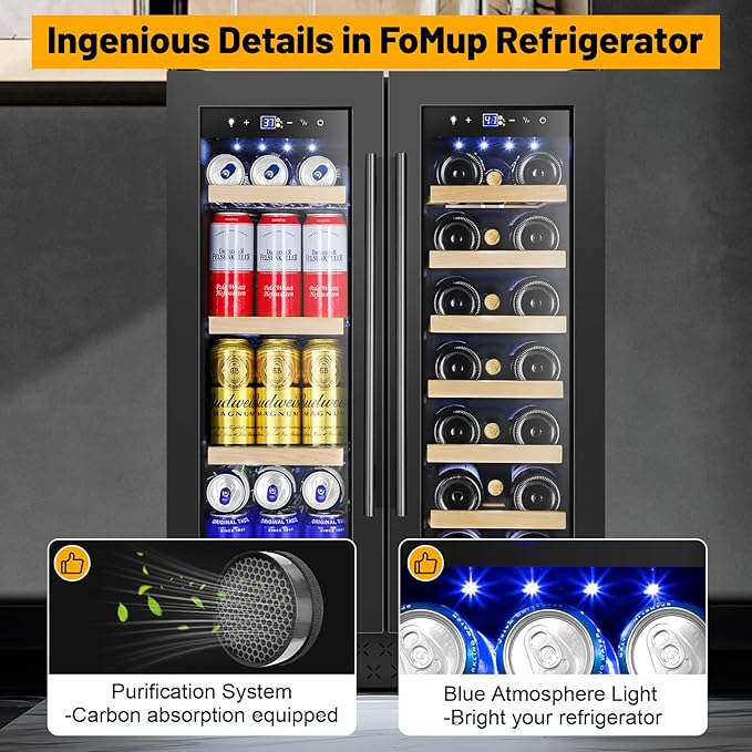 Wine and Beverage Refrigerator, 24 Inch Beverage Cooler Dual Zone with Glass Door, Under Counter Beverage Fridge with Upgraded 60 Cans 20 Bottles Large Capacity, Black