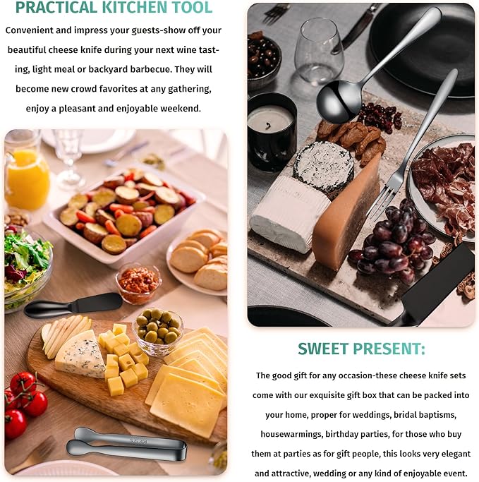 Patelai Charcuterie Board Accessories Cheese Spreader Knife Set Charcuterie Utensils Butter Knife Stainless Steel Mini Serving Tongs Spoons Appetizer Forks for Pastry Christmas(Black,20 Pieces)