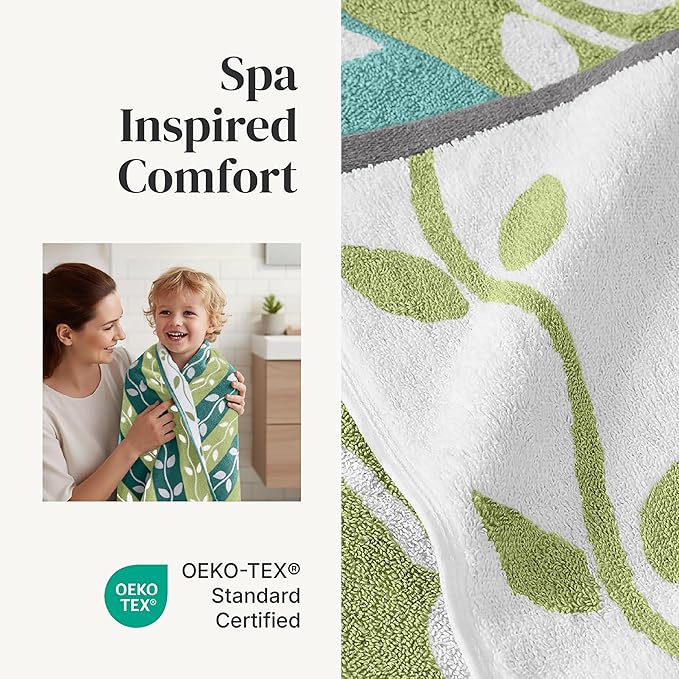 Modern Threads Organic Vines 6-Piece 100% Cotton Towel Set – Yarn Dyed Jacquard & Solid – Includes 2 Bath Towels, 2 Hand Towels, 2 Washcloths – Absorbent, Quick Dry, Soft & Durable – Sage Green