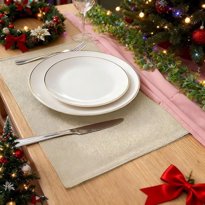 Cloth Placemats Set of 8, Linen Type Fabric Placemats Machine Washable Heat Resistant Placemats Wrinkle Free Thick Polyester Kitchen Place Mats for Dining Table (Beige)