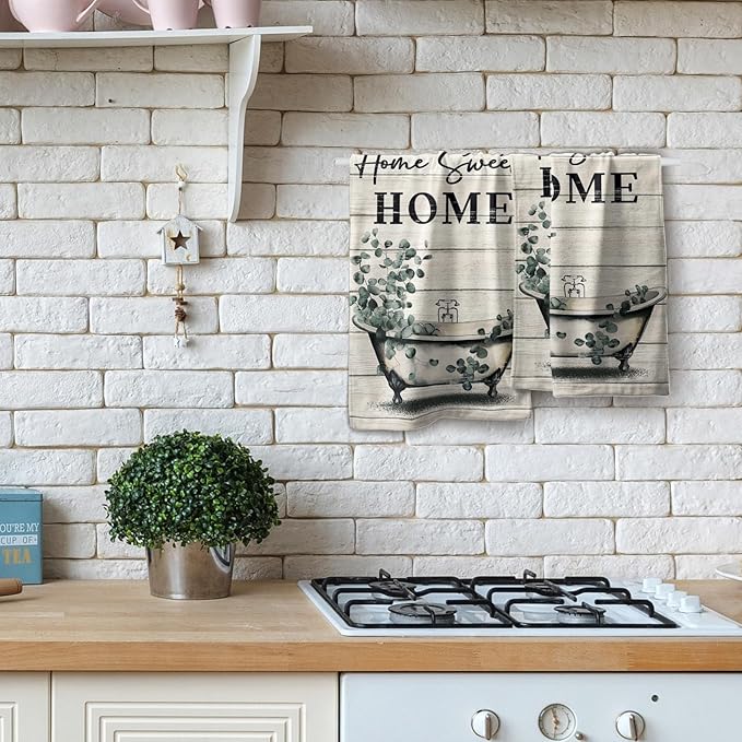 Imiss Home Sweet Home Hand Towels Set of 2 - Green Leaves Bathroom Towel 14.4 x 28.3 Inch Vintage Style Bathtub Kitchen Dishcloth Farmhouse Fingertip Towel for Gym Yoga Spa Bathroom