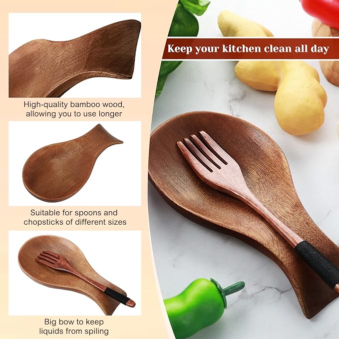Patelai Acacia Wood Spoon Rest for Stove Top Bamboo Holder for Spatula Rest for Kitchen, Counter Spoon Holder for Countertop, Modern and Rustic for Farmhouse as Dining Table Decoration(Brown)