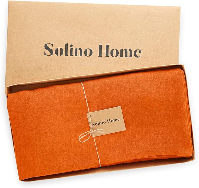Solino Home Linen 60 Inch Round Tablecloth - 100% Pure Linen Pumpkin Round Tablecloth - Machine Washable Table Cloth for Holiday, New Year - Sonoma