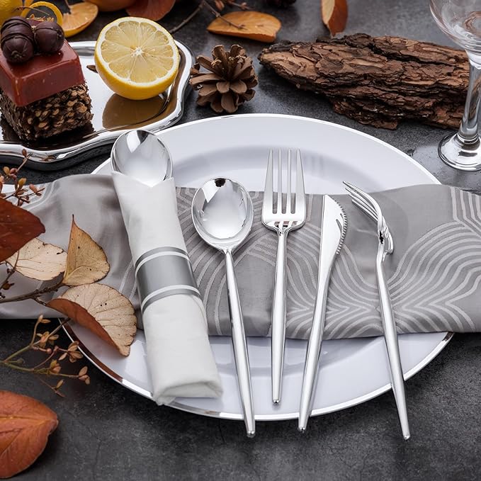 SUT 100 Pack Pre Rolled Silverware Set Disposable, 400 Pcs Silver plastic utensils Include 100 Forks, 100 Knives, 100 Spoons, 100 Napkins, Plastic Cutlery, Wrapped Silverware Set Disposable for Party