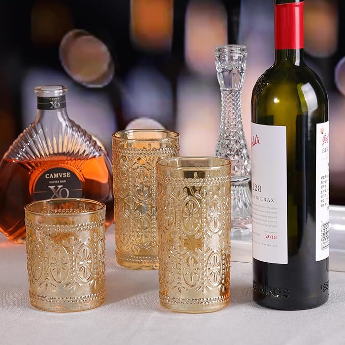 Amber Glassware set of 4 Vintage Drinking Glasses, 12oz Amber Heavy Duty Glass Cups, Old Fashioned Glass, Highball Glasses Set for Party Wedding Home Office Glassesware Gift