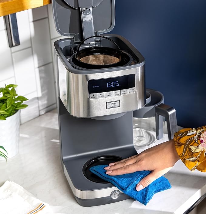 GE Drip Coffee Maker With Timer | 12-Cup Glass Carafe Coffee Pot With Adjustable Keep Warm Plate | Wide Shower Head for Maximum Flavor | Kitchen Essentials | Stainless Steel