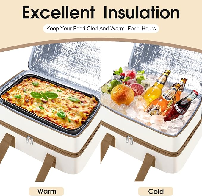 Double Insulated Casserole Carrier, Portable Casserole Carrier for Hot or Cold Food Lunch Tote Warmer or Cooler Bag, Lasagna Lunch Bag for Potluck Parties- Fits 9" x 13" Baking Dish-Beige